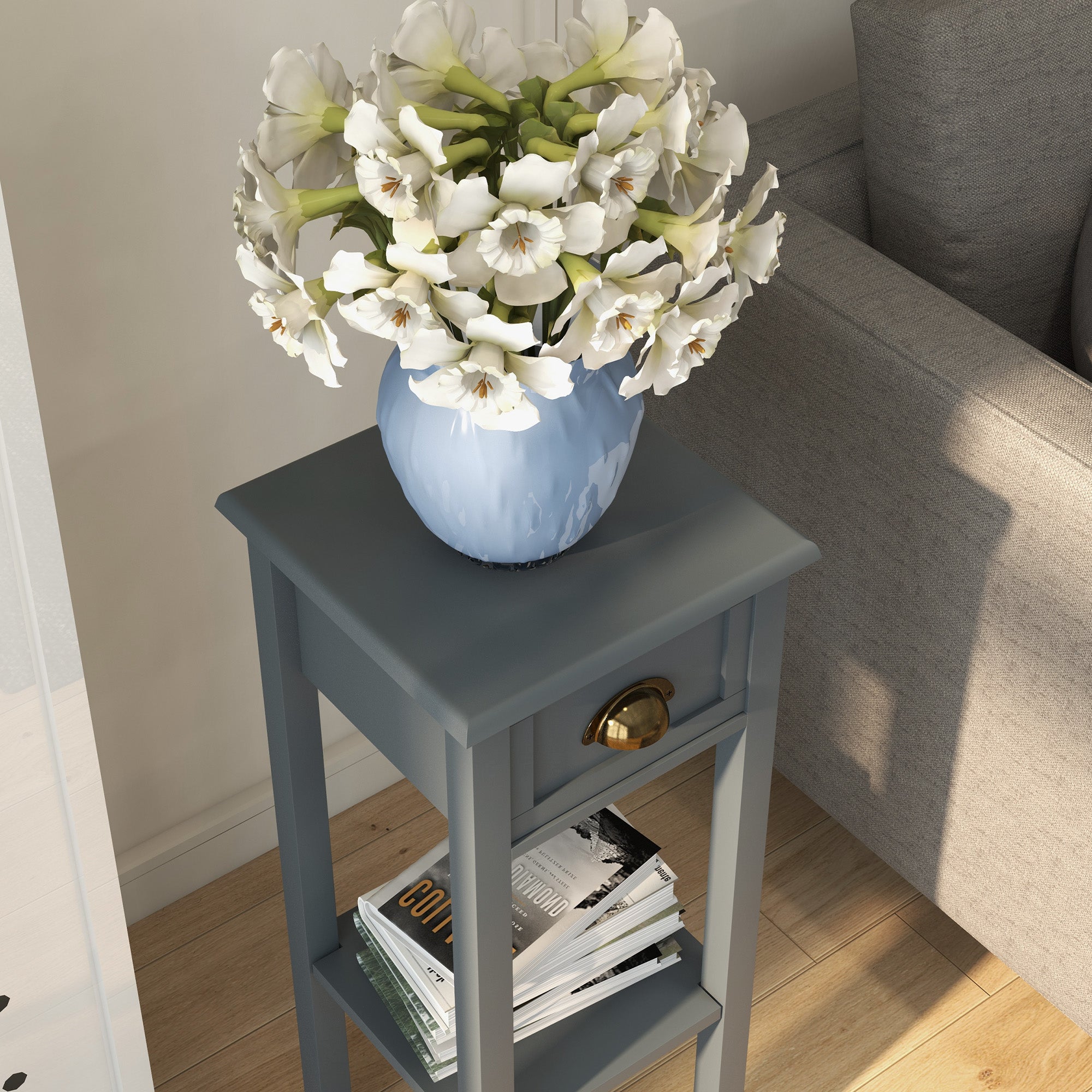 2-Tier Side Tables Set of 2 with Drawer and Shelf, 2 Pieces End Tables for Living Room and Hallway, Gray