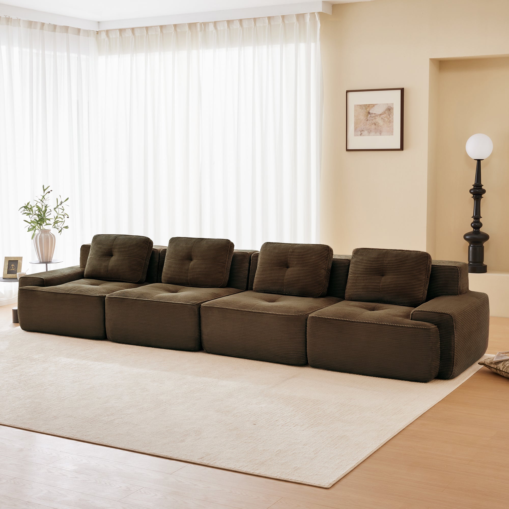 153 Modern Modular Sectional Sofa For Living Room, Corduroy Fabric,4-Seater Couch With Deep Seat, Pearl-like Piping, Tufted Design, Buckle Connection, No Assembly, Anti-slip Design, Brown