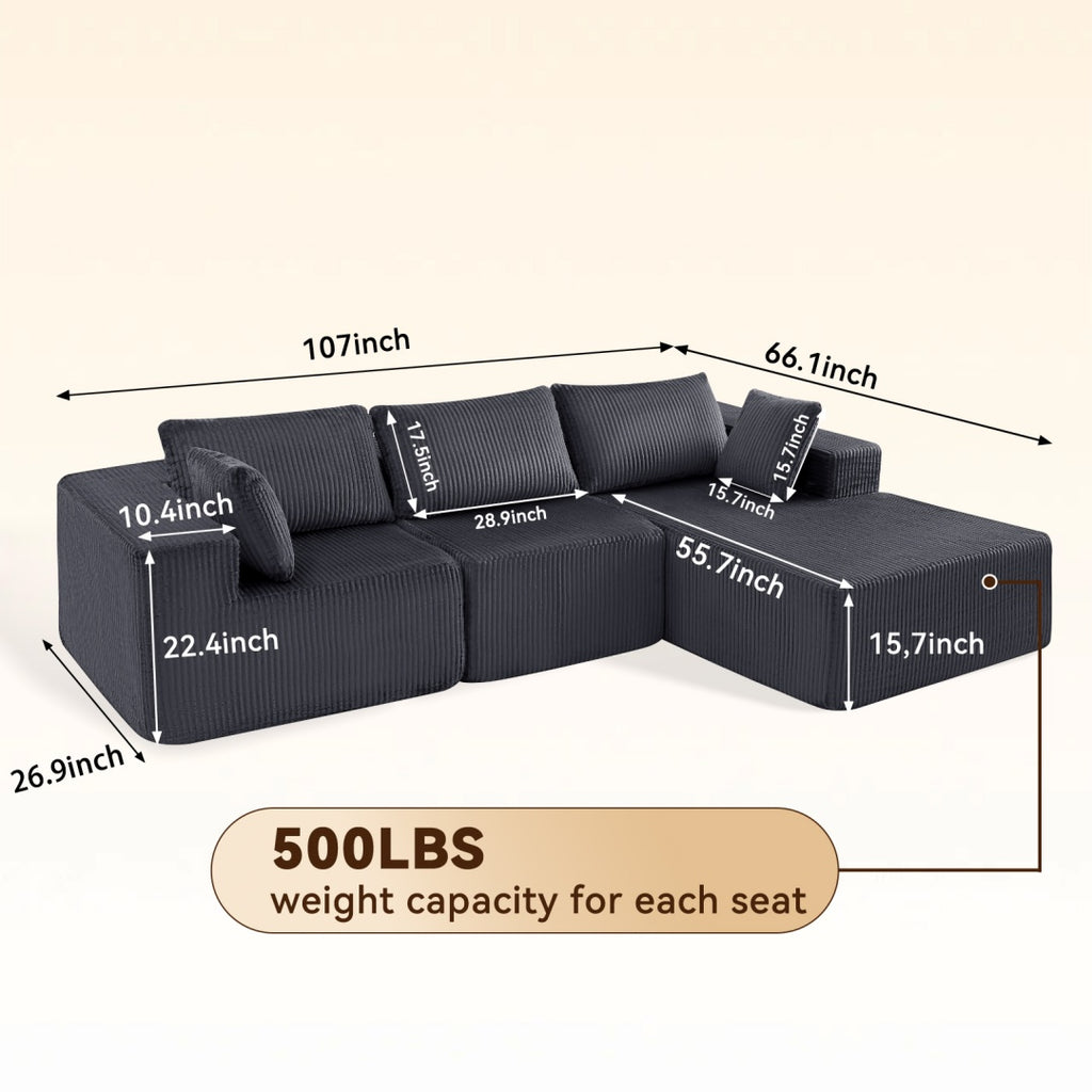 108-inch Modular Combination Sofa, Modern Modular L-shaped Sofa With A Lounge Chair, Upholstered Boneless Sofa