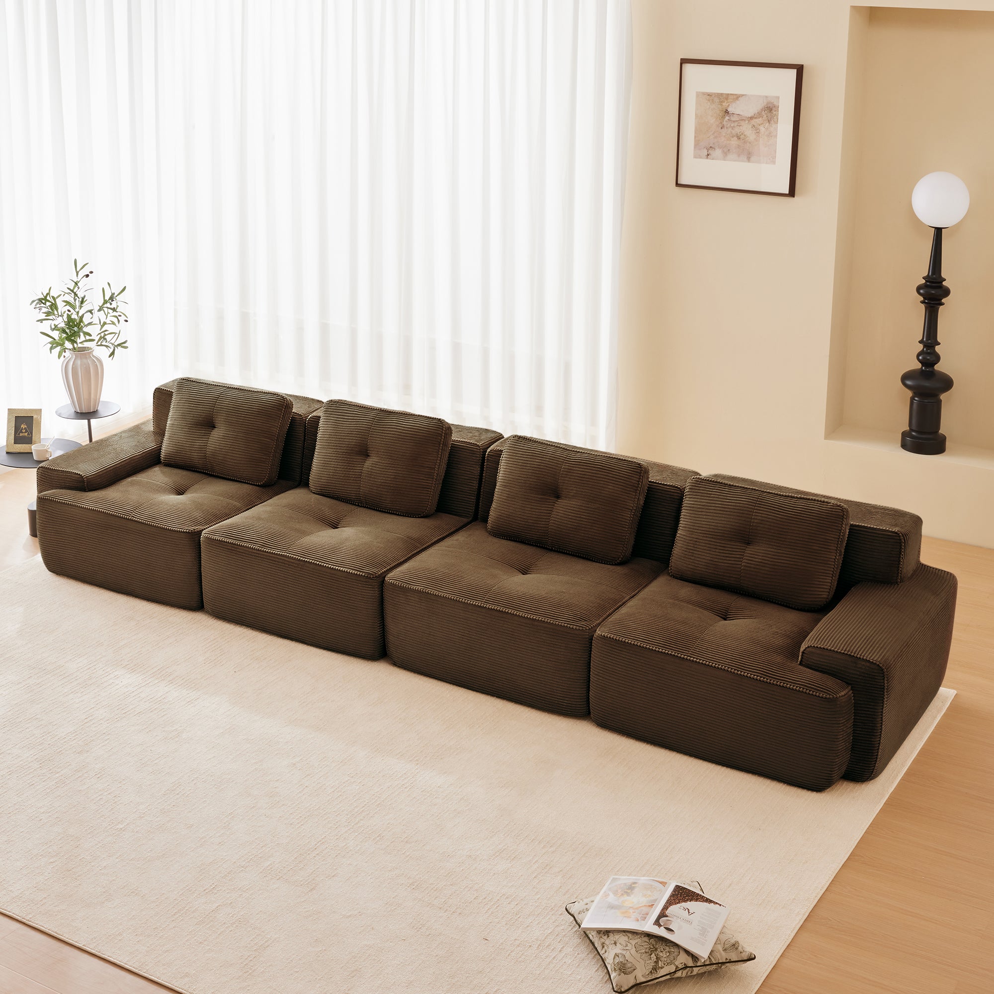 153 Modern Modular Sectional Sofa For Living Room, Corduroy Fabric,4-Seater Couch With Deep Seat, Pearl-like Piping, Tufted Design, Buckle Connection, No Assembly, Anti-slip Design, Brown